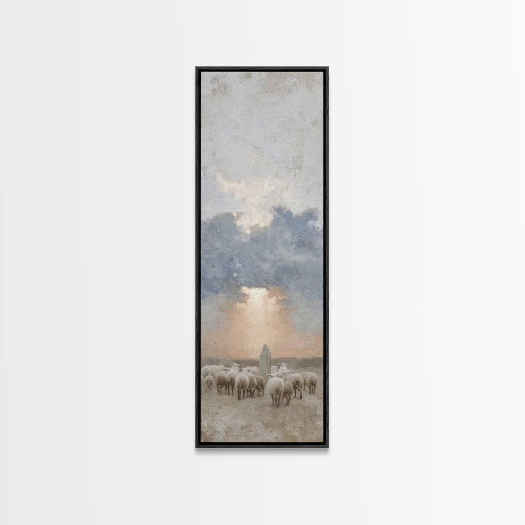 Morning Shepherd Grace – Framed Canvas Print – Tall Skinny Art Print – Christian Painting – Christian Art Canvas – Christmas Art