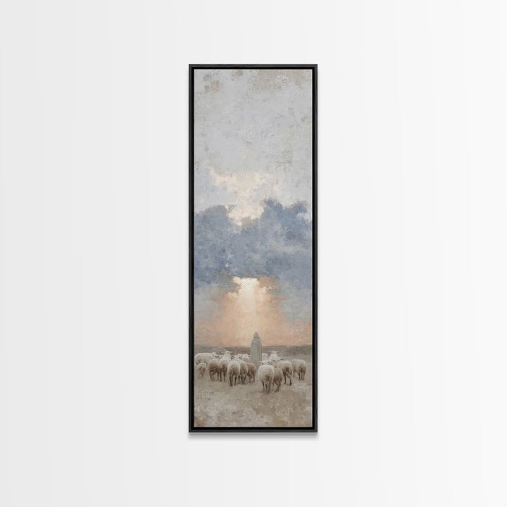 Morning Shepherd Grace – Framed Canvas Print – Tall Skinny Art Print – Christian Painting – Christian Art Canvas – Christmas Art