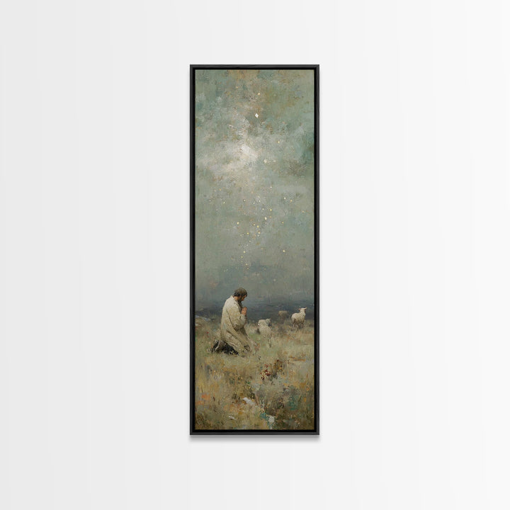 Kneeling In Faith, Framed Canvas Print, Narrow Art, Christian Art Canvas, Christian Wall Art, Jesus Painting, Christmas Art