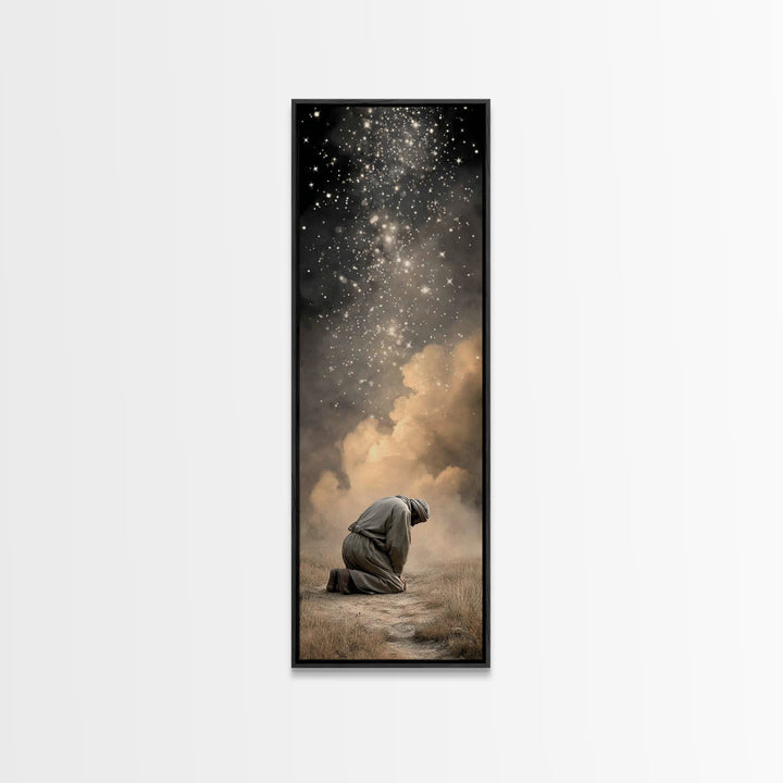 Heavenly Kneeling Light, Framed Canvas Print, Christian Wall Art, Christian Art, Tall Narrow Wall Art, Christian Art Canvas, Jesus Painting
