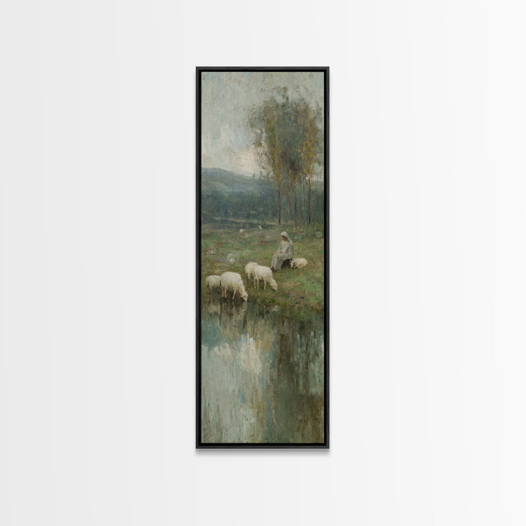 Pasture Grace Reflections – Framed Canvas Print – Christian Art – Jesus Painting – Christian Wall Art – Christian Art Canvas – Tall Narrow