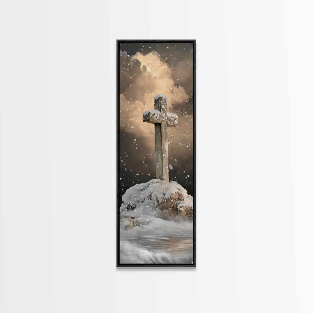 Icy Cross Radiance – Framed Canvas Print – Narrow Art – Christian Art Work – Christian Wall Art – Christian Christmas Art – Christian Paint