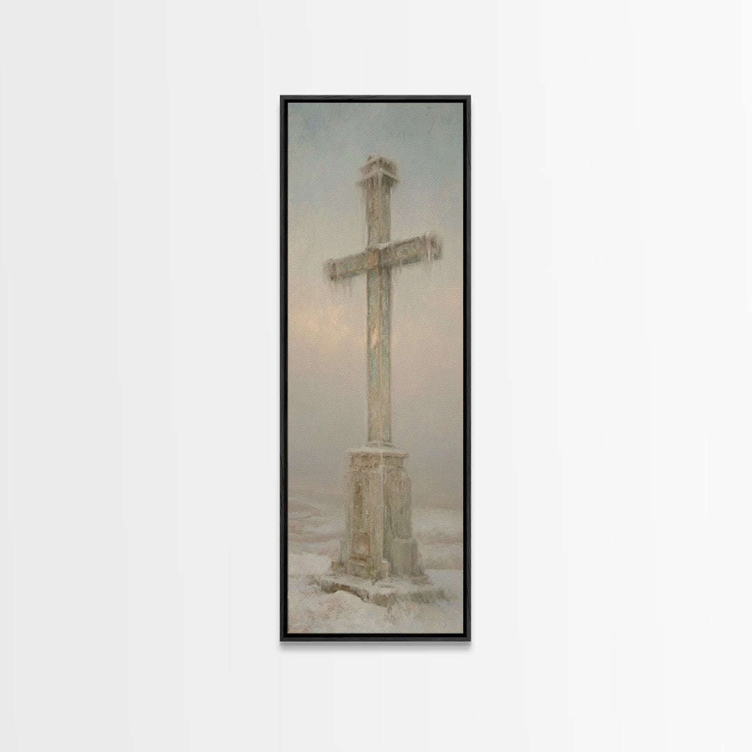 Winter Dawn Cross – Framed Canvas Print – Tall Skinny Art Print – Christian Wall Art – Christian Paintings – Christian Art Canvas – Christm