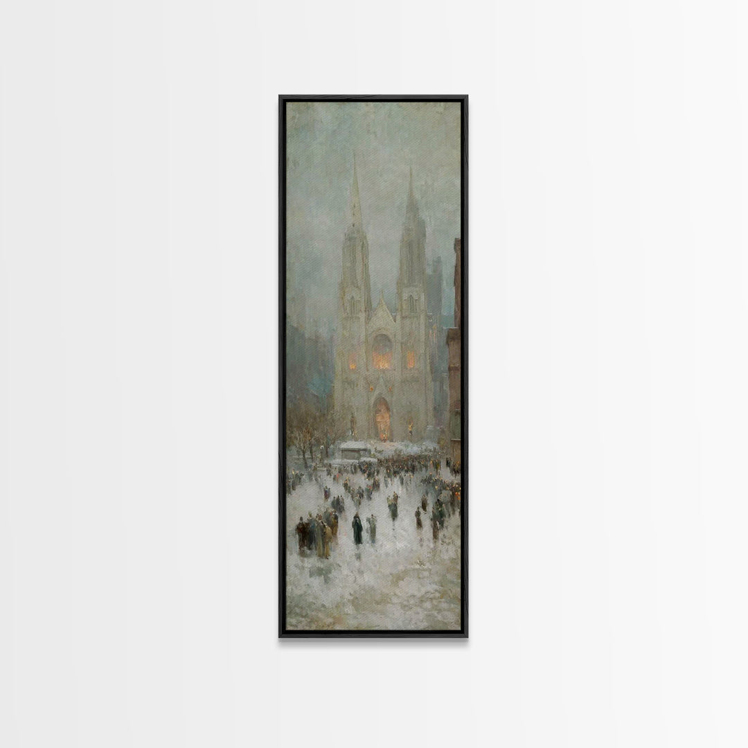 Cathedral Snow Gathering - Framed Canvas Print - Christian Art Canvas - Christmas Wall Art - Tall Skinny Art Print - Christian Painting - H