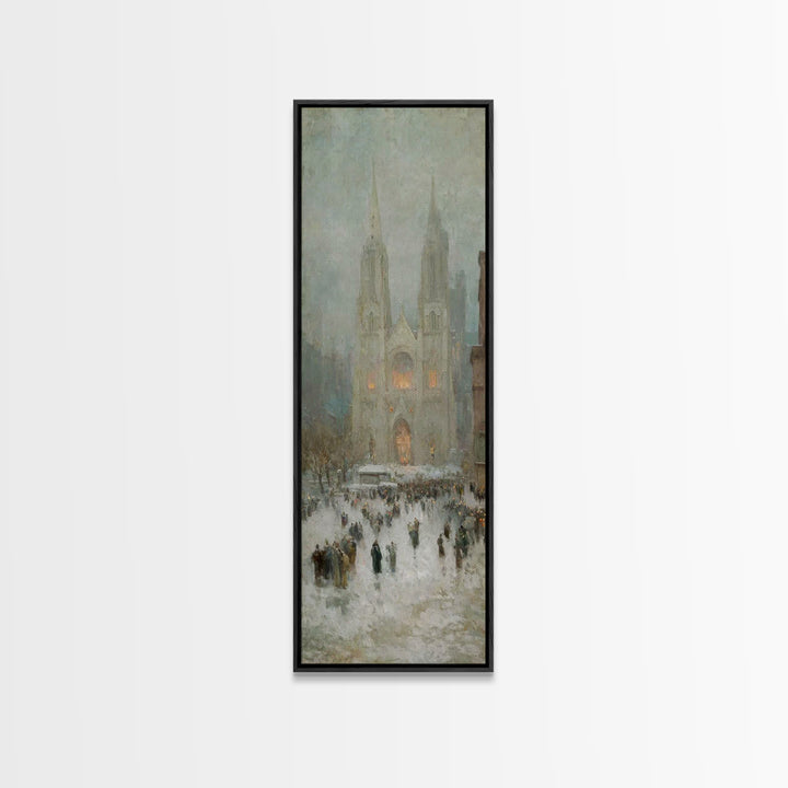 Cathedral Snow Gathering - Framed Canvas Print - Christian Art Canvas - Christmas Wall Art - Tall Skinny Art Print - Christian Painting - H