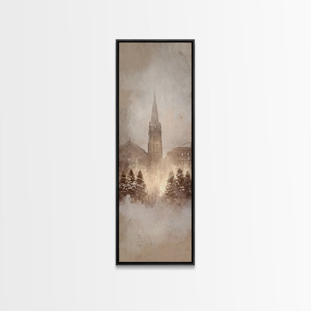 Frosted Chapel Dawn - Framed Canvas Print - Christian Christmas Art - Christian Wall Art - Skinny Art - Christian Art Gift - Vintage Christ