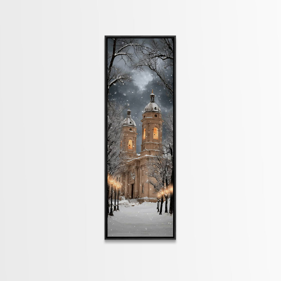 Snowfall Cathedral Peace - Framed Canvas Print - Christian Wall Art - Tall Skinny Art Print - Christian Art Canvas - Christmas Art Work - F