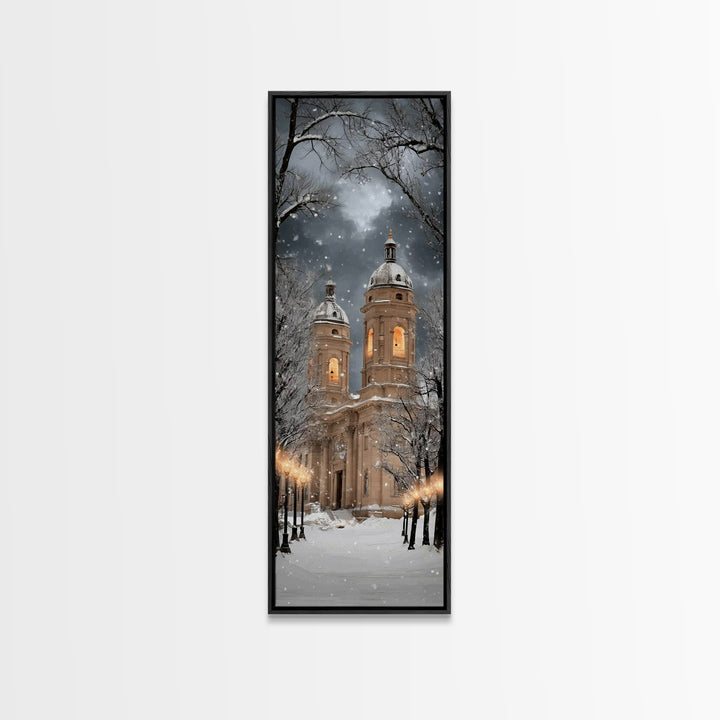Snowfall Cathedral Peace - Framed Canvas Print - Christian Wall Art - Tall Skinny Art Print - Christian Art Canvas - Christmas Art Work - F