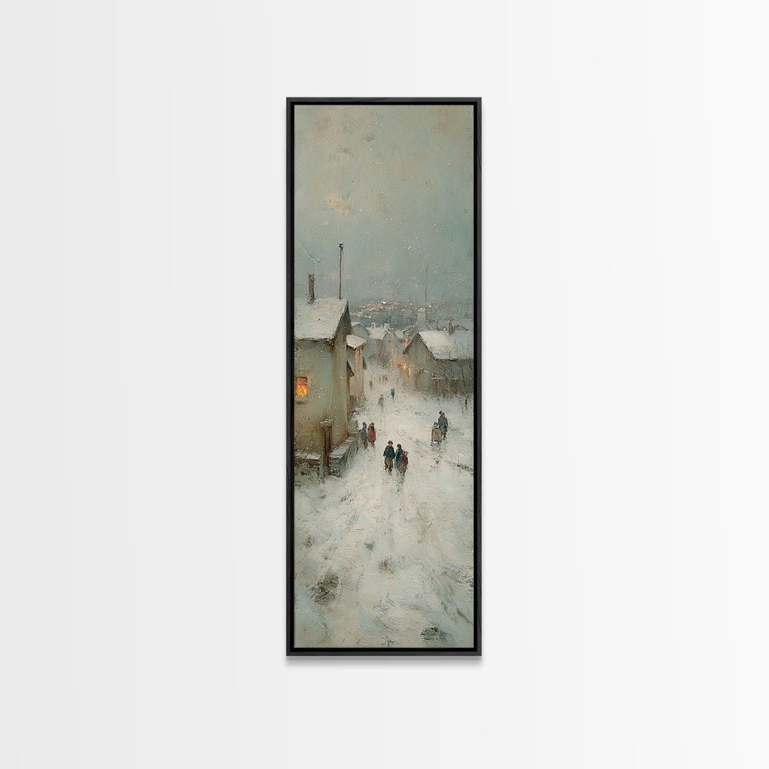 Snowy Village Path - Framed Canvas Print - Christian Wall Art - Skinny Art - Christmas Art Prints - Christian Art Canvas - Vintage Christma