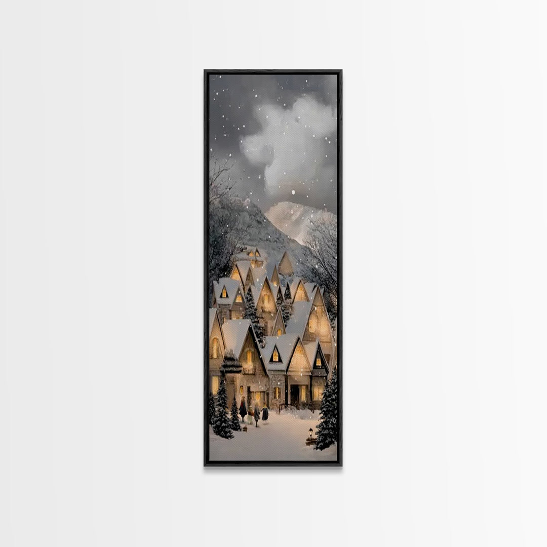 Winter Cottage Harmony – Framed Canvas Print – Christian Christmas Art – Tall Narrow Wall Art – Christian Art Work – Christmas Wall Art – C