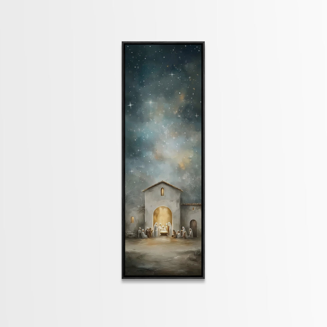 Holy Night Gathering – Framed Canvas Print – Christian Wall Art – Christmas Art – Christian Art Canvas – Tall Skinny Art Print