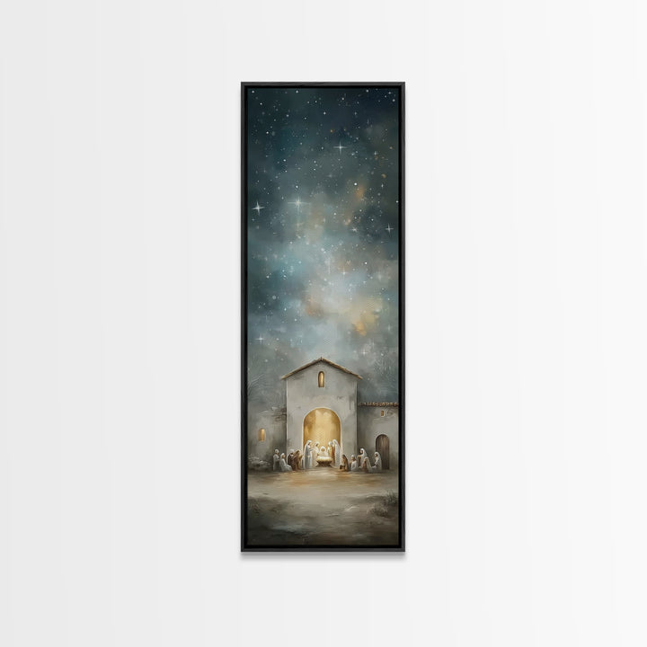 Holy Night Gathering – Framed Canvas Print – Christian Wall Art – Christmas Art – Christian Art Canvas – Tall Skinny Art Print