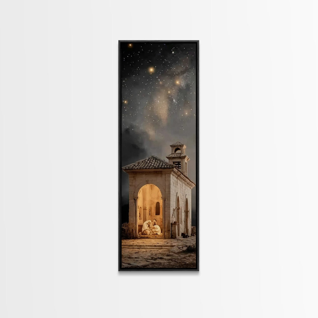 Sanctuary Nativity – Framed Canvas Print – Christian Christmas Art – Christian Wall Art – Christian Art Canvas – Narrow Art