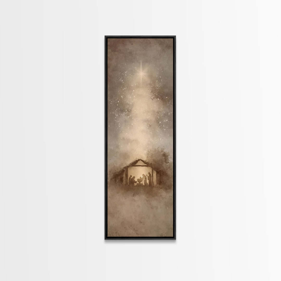 Blessed Manger Light – Framed Canvas Print – Christian Art Canvas – Christian Christmas Art – Christian Wall Art – Skinny Art