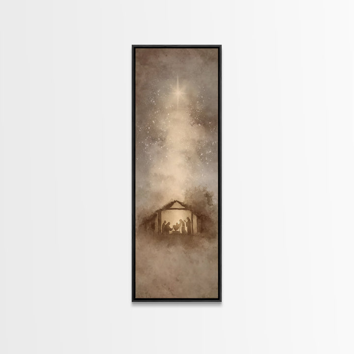 Blessed Manger Light – Framed Canvas Print – Christian Art Canvas – Christian Christmas Art – Christian Wall Art – Skinny Art