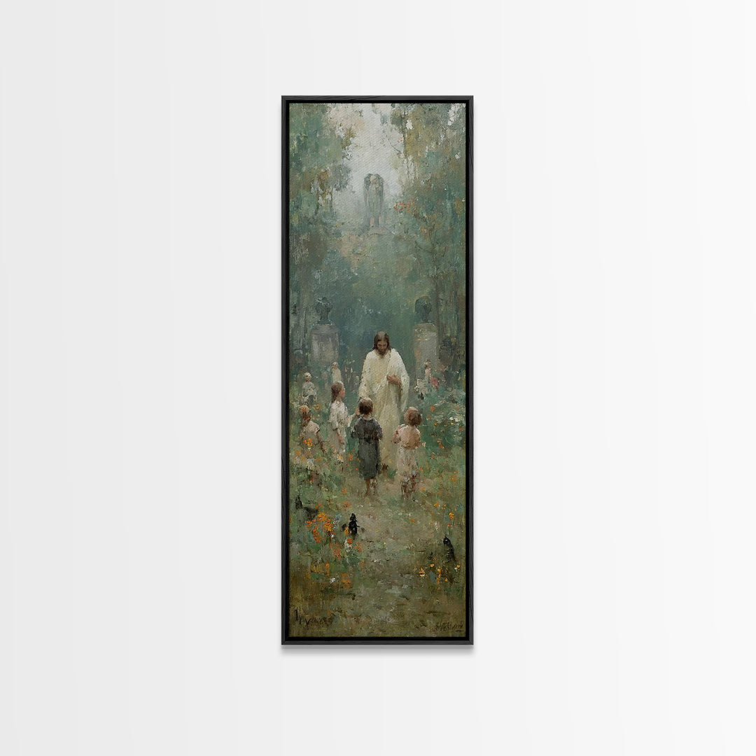 Gentle Shepherd Meadow, Framed Canvas Print, Skinny Art, Christian Art Canvas, Jesus Painting, Christian Wall Art, Christian Art