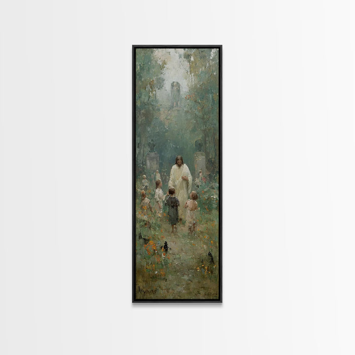 Gentle Shepherd Meadow, Framed Canvas Print, Skinny Art, Christian Art Canvas, Jesus Painting, Christian Wall Art, Christian Art