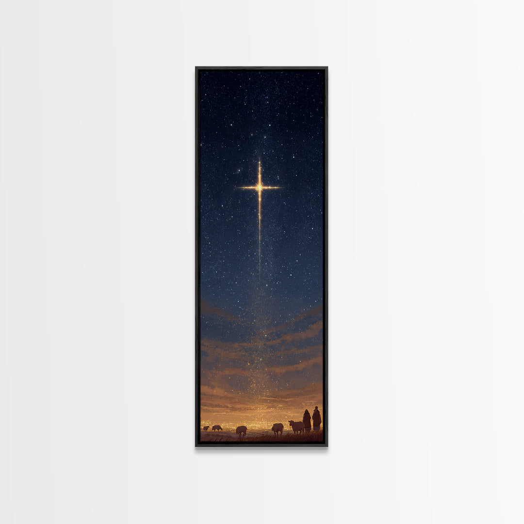 Shepherds Of Light | Framed Canvas Print | Tall Skinny Art Print | Christian Art Canvas | Christmas Wall Art | Jesus Christmas Art