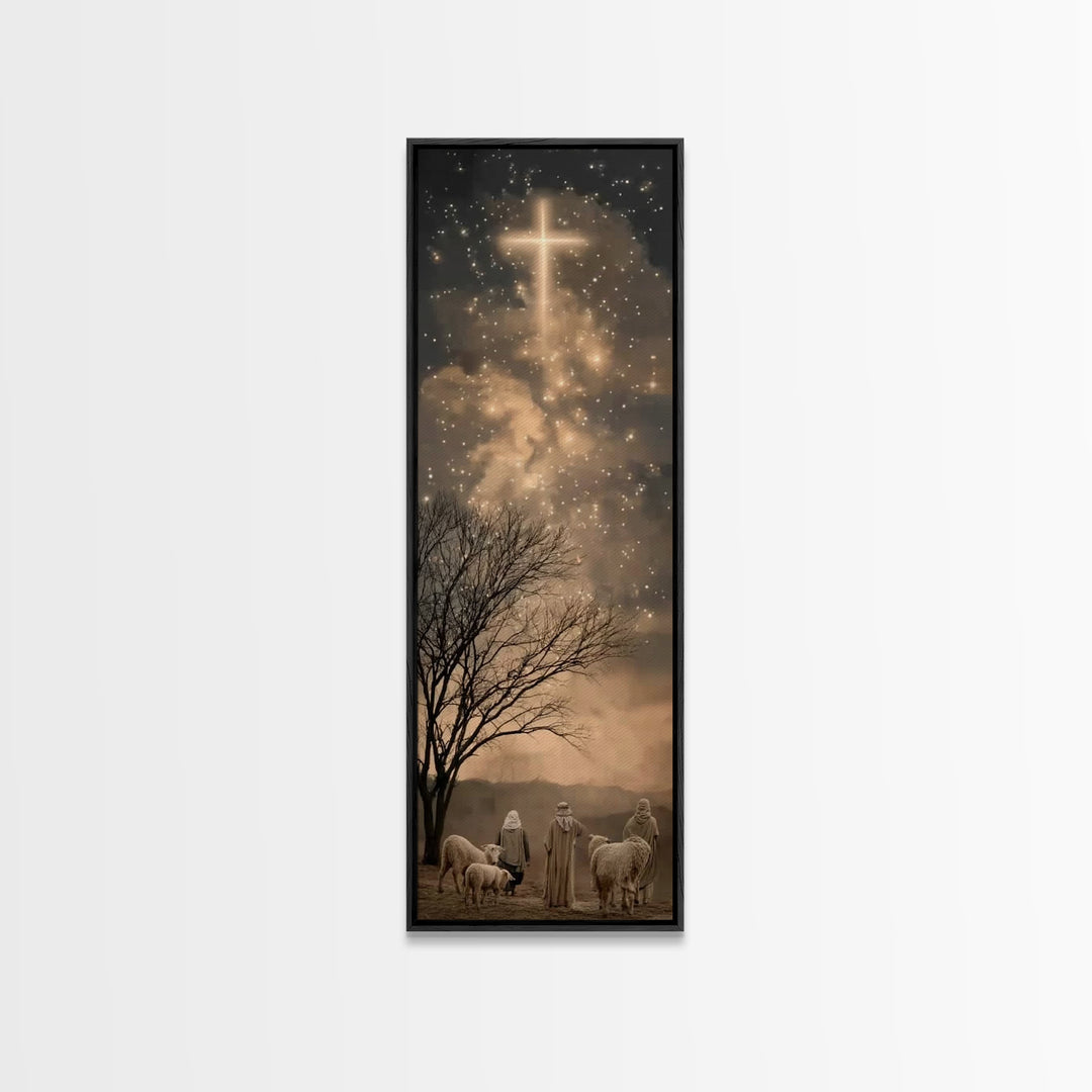 Bethlehem Night Glow, Framed Canvas Print, Tall Narrow Wall Art, Christian Christmas Art, Jesus Painting, Christian Decor