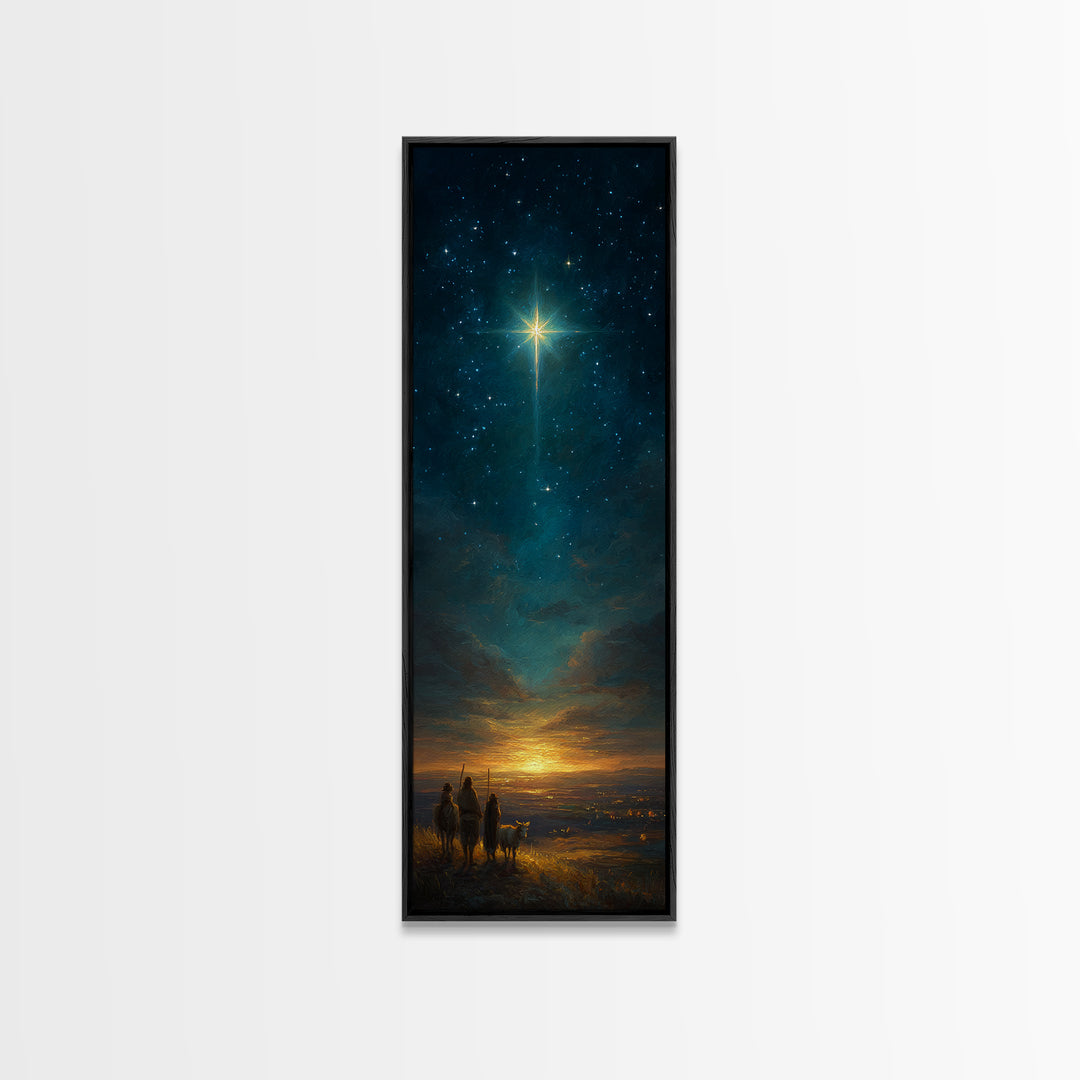Heavenly Night Cross – Framed Canvas Print – Tall Skinny Art Print – Christian Christmas Decor – Jesus Painting – Christian Wall Art