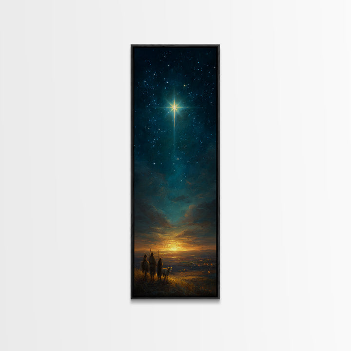 Heavenly Night Cross – Framed Canvas Print – Tall Skinny Art Print – Christian Christmas Decor – Jesus Painting – Christian Wall Art