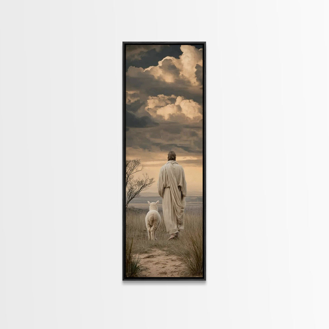 Following The Savior – Framed Canvas Print – Narrow Art – Jesus Painting – Christian Art Canvas – Christian Gift Ideas – Modern Christian A