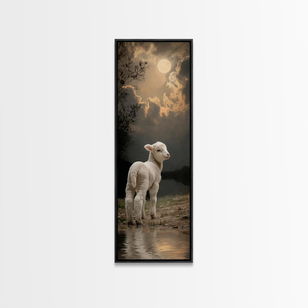 Moonlit Gentle Lamb, Framed Canvas Print, Christian Wall Art, Christian Art Canvas, Narrow Art, Christian Art Print, Christian Decor For Ho