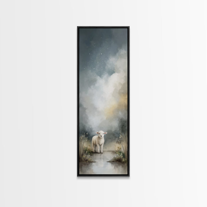 Soft Meadow Lamb – Framed Canvas Print – Christian Art Canvas – Christian Wall Art – Narrow Art – Minimalist Christian Art – Christian Art