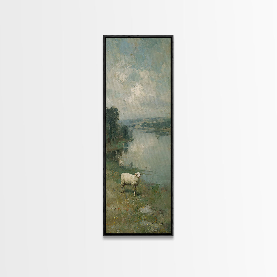 Riverbank White Lamb | Framed Canvas Print | Christian Art Canvas | Christian Wall Art | Skinny Art | Vintage Christian Art | Christian Dec