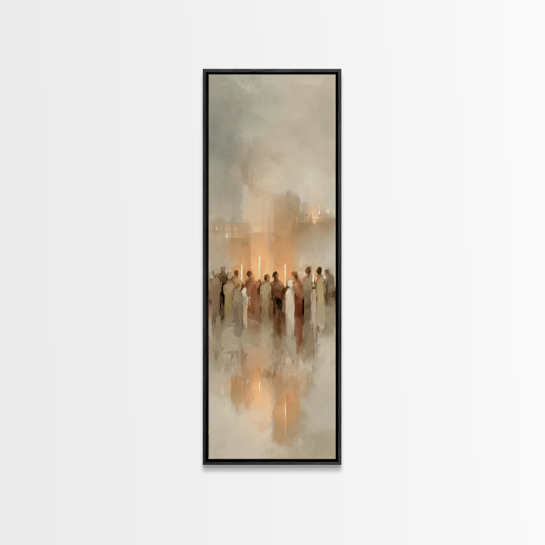 Candlelit Gathering | Framed Canvas Print | Christian Wall Art | Christian Christmas Art | Modern Christian Art | Narrow Art