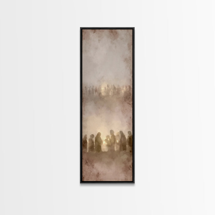 Candlelight Gathering, Framed Canvas Print, Skinny Art, Christian Art Canvas, Christian Wall Art, Christian Christmas Art, Christian Decor