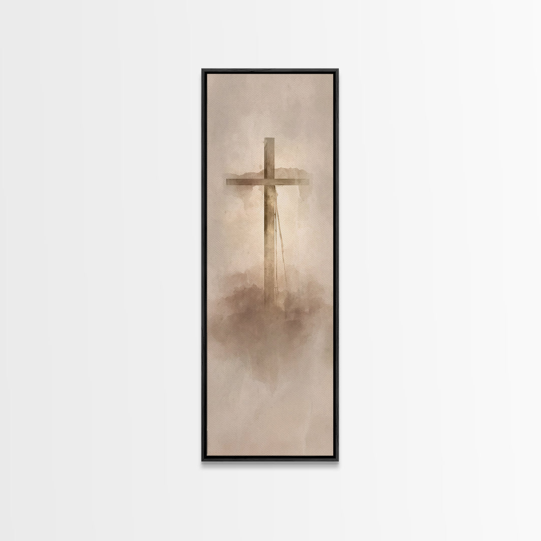 Cross In The Mist, Framed Canvas Print, Tall Skinny Art Print, Christian Art Canvas, Christian Wall Art, Christian Art Work, Christian Deco