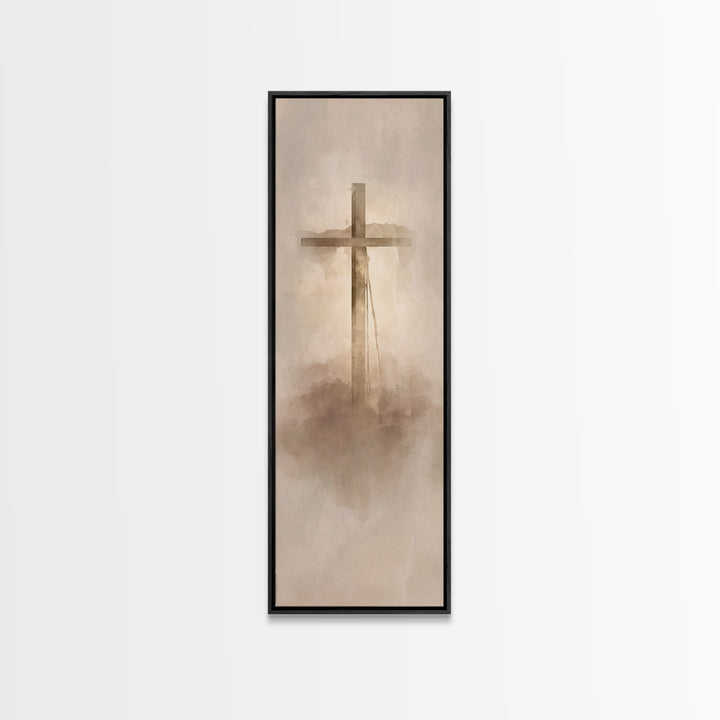 Cross In The Mist, Framed Canvas Print, Tall Skinny Art Print, Christian Art Canvas, Christian Wall Art, Christian Art Work, Christian Deco