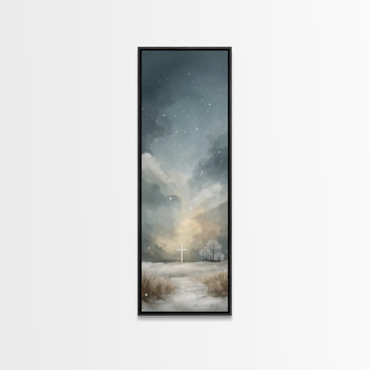 Sacred Hill Glow – Framed Canvas Print – Christian Wall Art – Jesus Painting – Tall Narrow Wall Art – Christian Art Canvas – Christmas Art