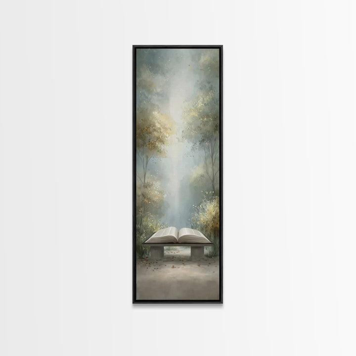 Sacred Forest Reading – Framed Canvas Print – Christian Wall Art – Christian Painting – Narrow Art – Christian Art Canvas – Christian Decor