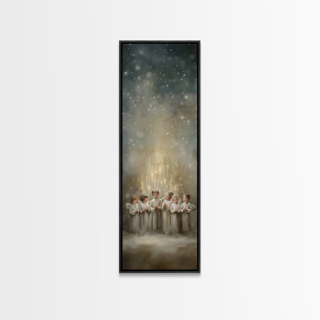 Radiant Gathering – Framed Canvas Print, Christian Wall Art, Christian Art Canvas, Tall Narrow Wall Art, Christmas Art, Christian Christmas
