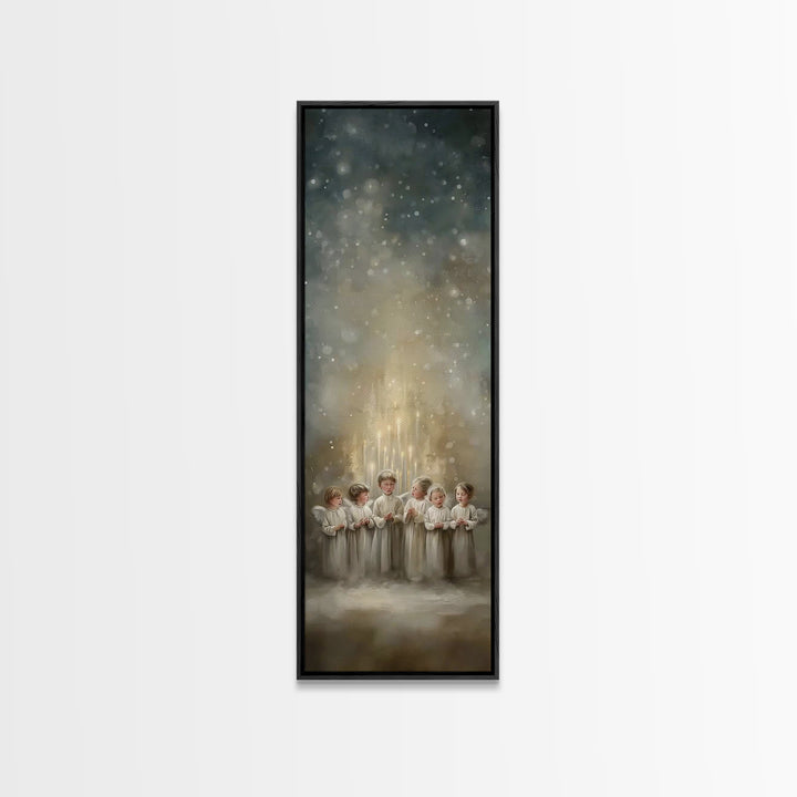 Radiant Gathering – Framed Canvas Print, Christian Wall Art, Christian Art Canvas, Tall Narrow Wall Art, Christmas Art, Christian Christmas