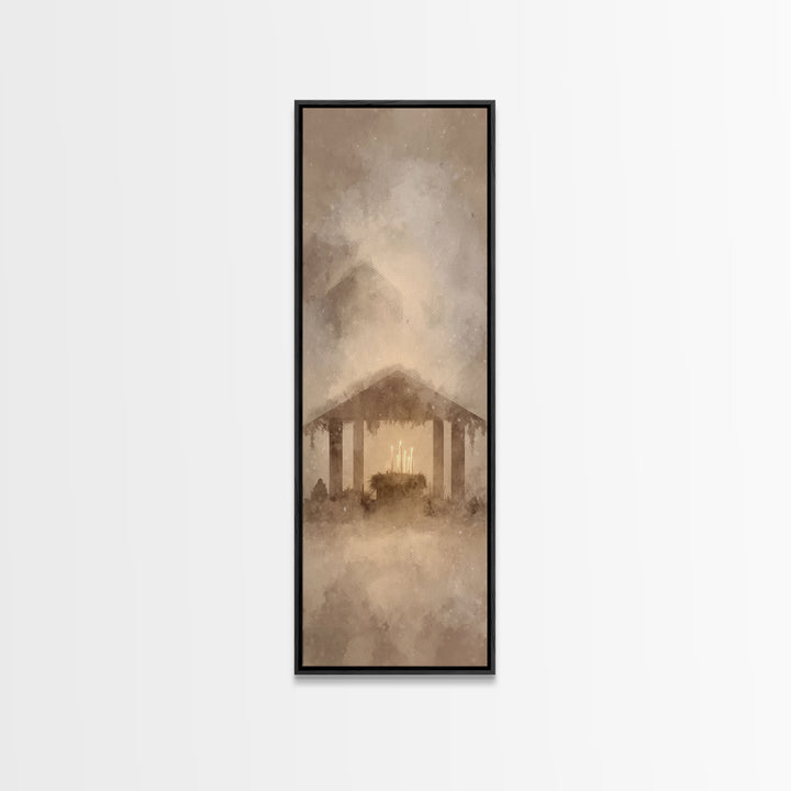 Holy Cradle Light – Framed Canvas Print – Christmas Art – Christian Art Canvas – Modern Christian Art – Skinny Art