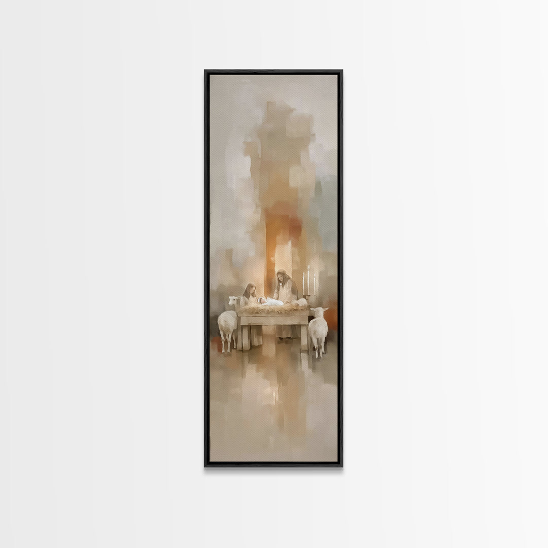 Holy Stable Calm, Framed Canvas Print, Christian Art Print, Christmas Art Prints, Narrow Art, Jesus Painting Canvas, Christian Christmas De