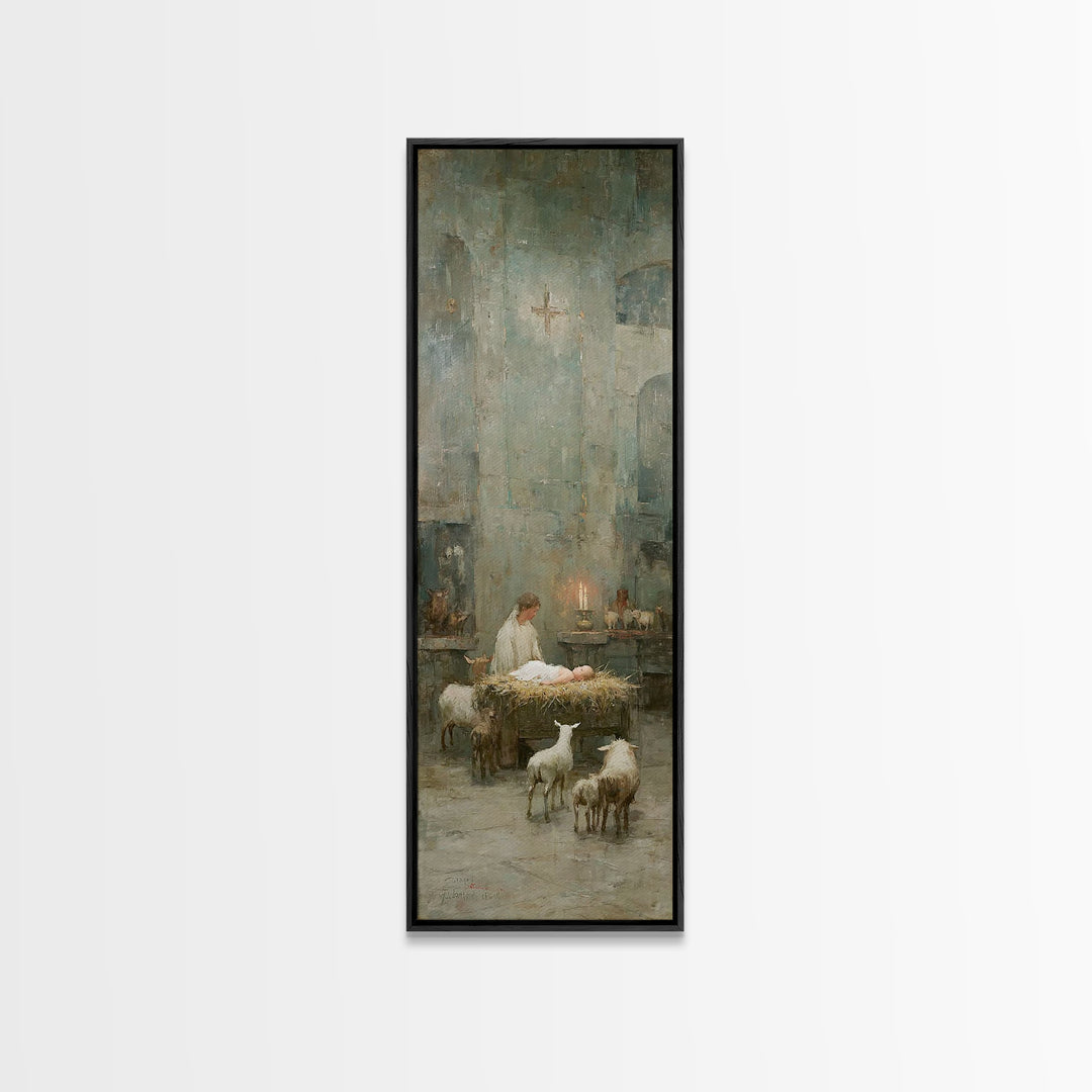 Quiet Nativity Glow | Framed Canvas Print | Christian Art Work | Modern Christian Art | Tall Narrow Wall Art | Christmas Art | Jesus Wall A