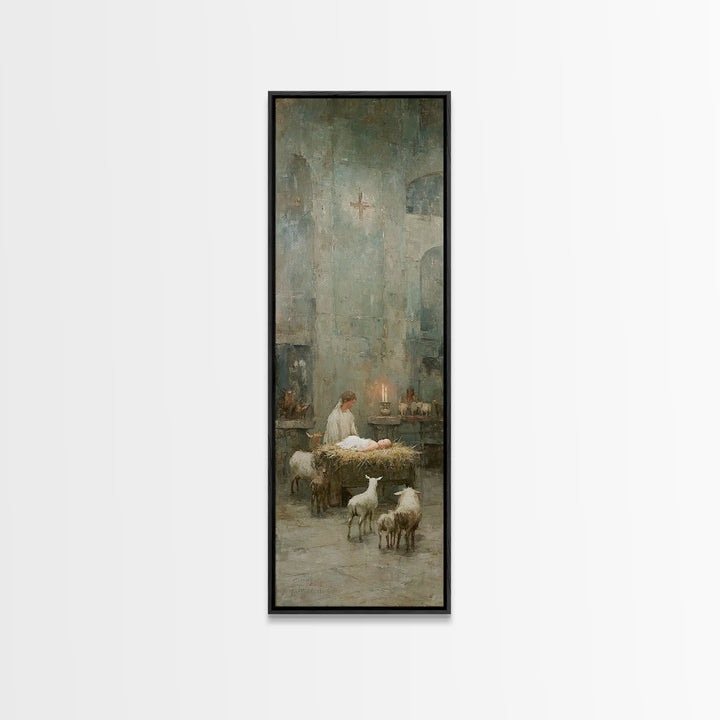 Quiet Nativity Glow | Framed Canvas Print | Christian Art Work | Modern Christian Art | Tall Narrow Wall Art | Christmas Art | Jesus Wall A