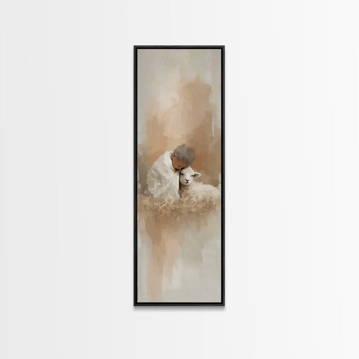 Tender Lamb Mercy, Framed Canvas Print, Christian Art Canvas, Christian Christmas Art, Narrow Art, Christian Gift, Jesus Art Print