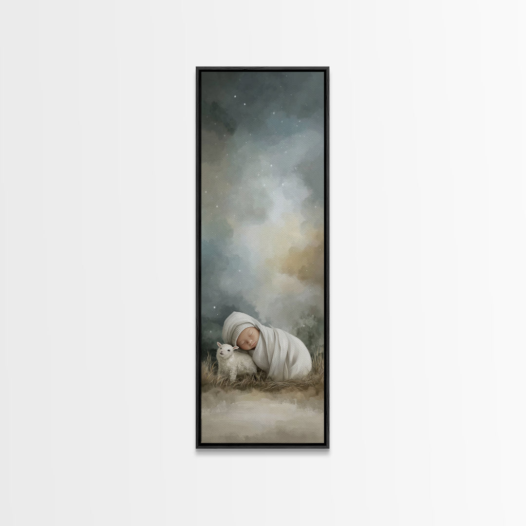 Silent Lamb Peace – Framed Canvas Print – Christian Wall Art – Jesus Art Print – Christmas Art – Narrow Art – Christian Art Canvas