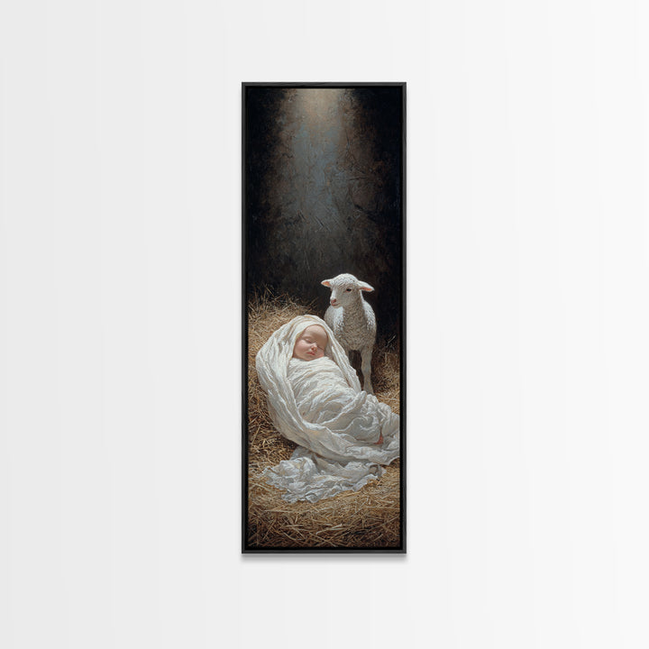 Radiant Manger Blessing, Framed Canvas Print, Christian Art Print, Christmas Art, Narrow Art, Jesus Christmas Art, Christian Wall Art