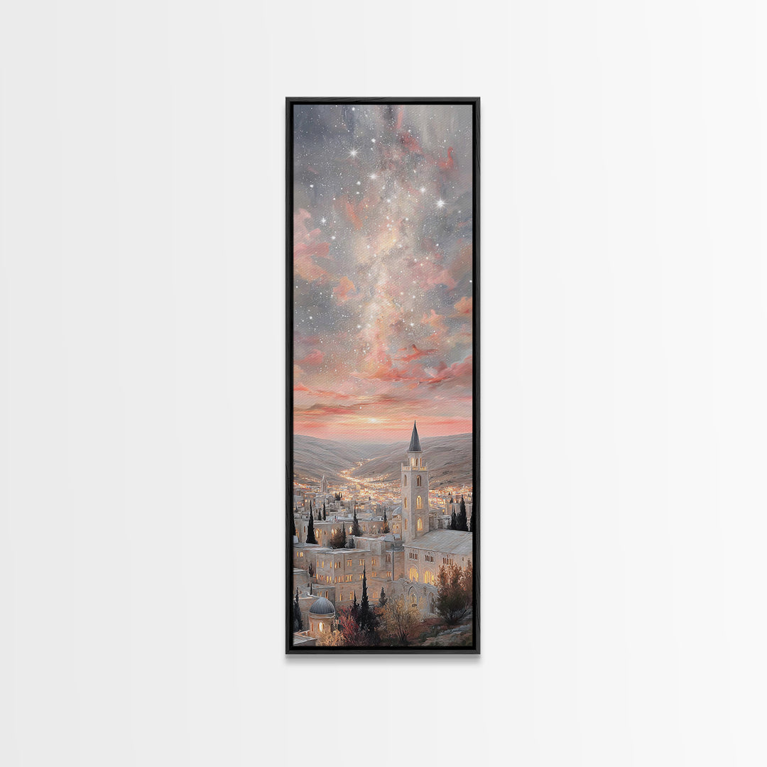 City Of Starfall, Framed Canvas Print, Christmas Canvas Wall Art, Christian Art, Skinny Art, Christian Decoration, Christmas Art Prints