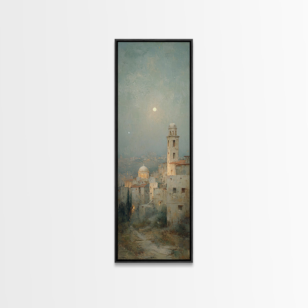 Moonlit Bethlehem Stillness | Framed Canvas Print | Christian Wall Art | Christmas Art | Tall Narrow Wall Art | Christian Art Print | Chris