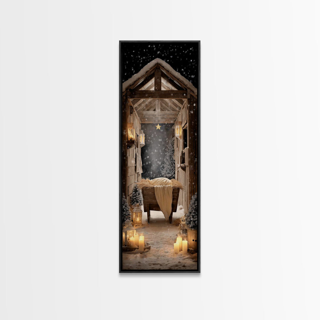 Starry Night Manger – Framed Canvas Print – Christian Christmas Art – Christian Wall Art – Christmas Canvas Wall Art – Tall Skinny Art Prin