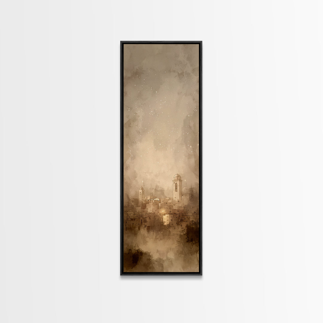 Sacred City Dawn – Framed Canvas Print – Christian Art – Christmas Art Prints – Narrow Art – Christian Wall Art – Modern Christian Art