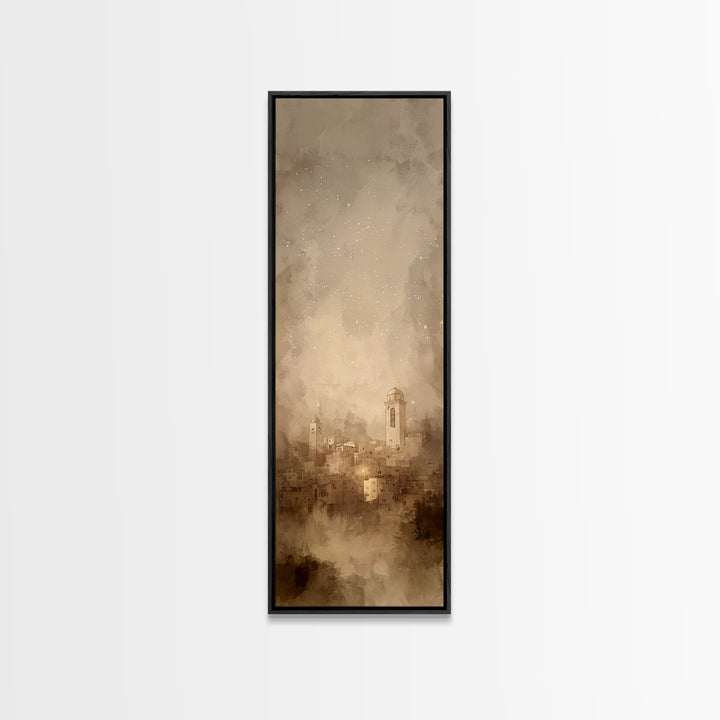 Sacred City Dawn – Framed Canvas Print – Christian Art – Christmas Art Prints – Narrow Art – Christian Wall Art – Modern Christian Art