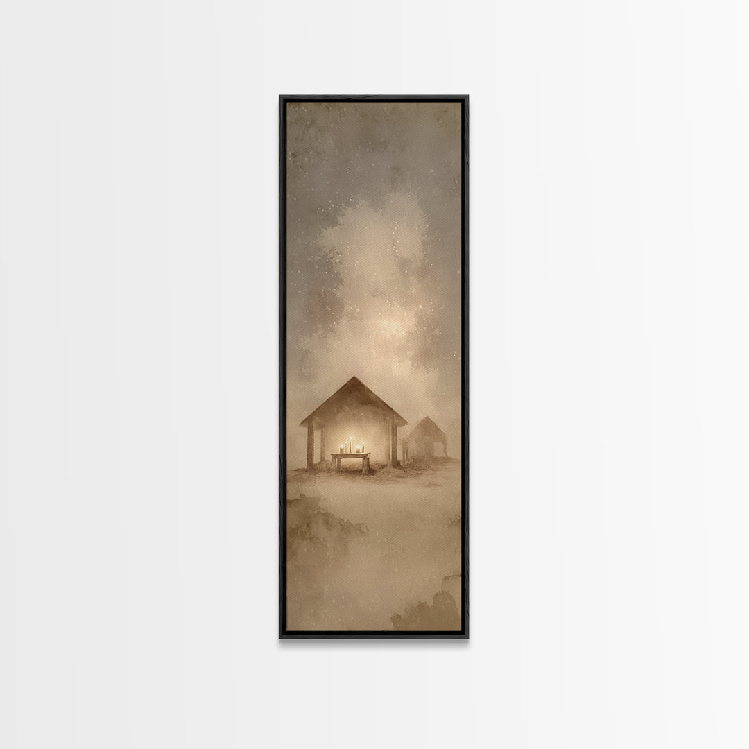 Sacred Stable Glow – Framed Canvas Print – Christian Art Canvas – Framed Christmas Art – Christian Art – Skinny Art